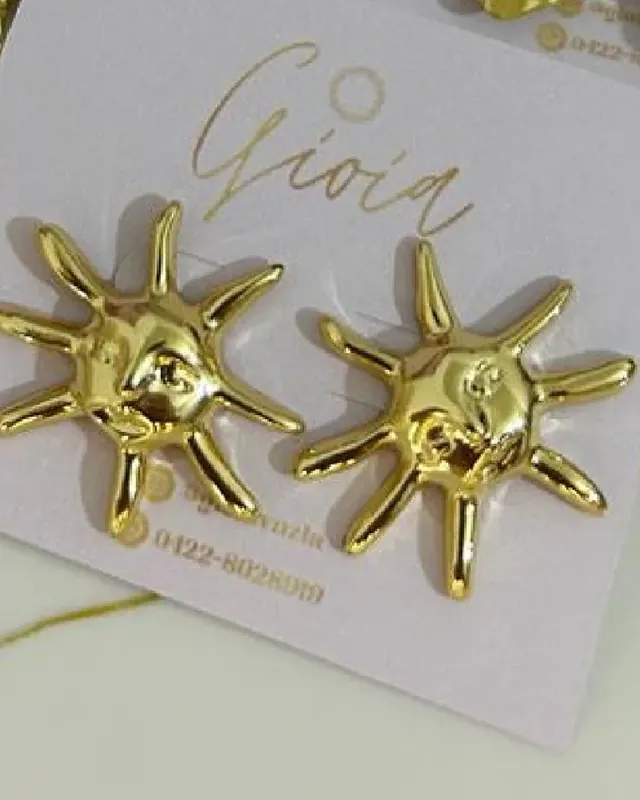 Aretes sol dorados en su tarjeta Gioia